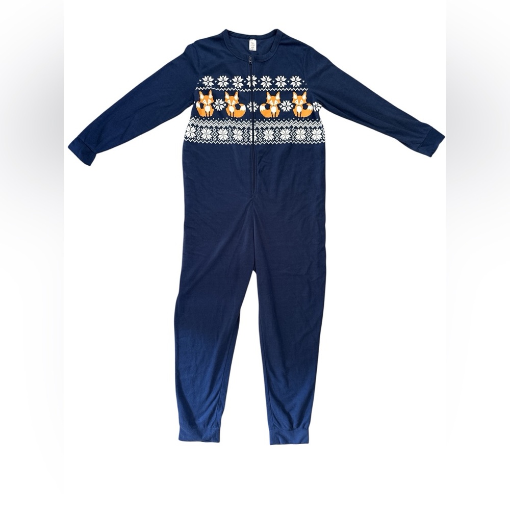 Navy Blue Womens 2XL One Piece with Fox Pattern Fleece Pajamas